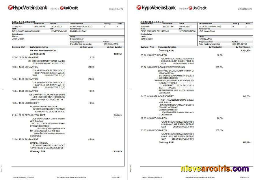 Germany HypoVereinsbank statement on Deutsch, 3 pages